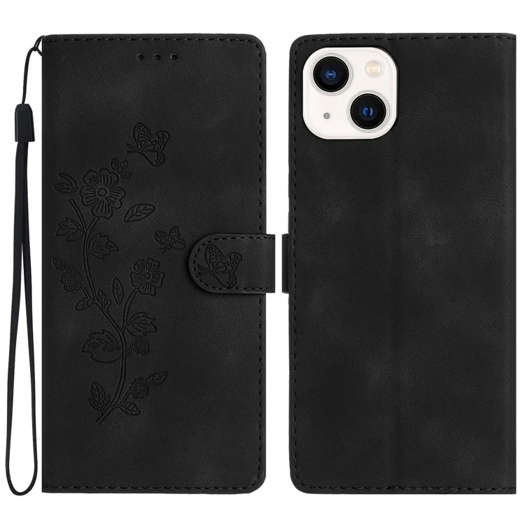 For iPhone 13 6.1 inch PU Leather Wallet Cover Flower Imprinted Phone Case with Stand - Black