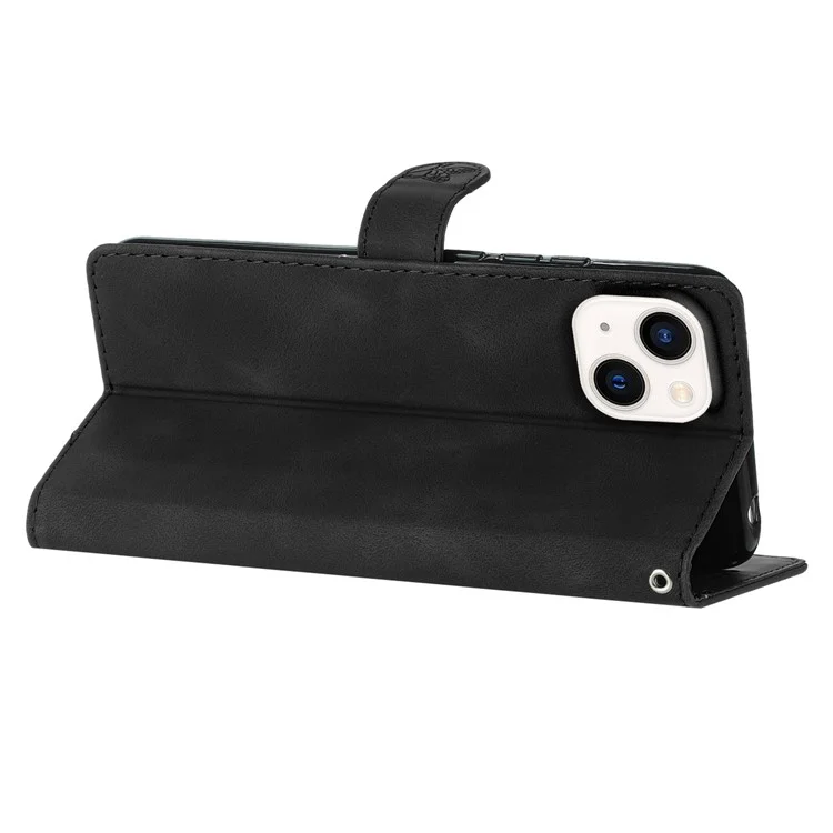 For iPhone 13 6.1 inch PU Leather Wallet Cover Flower Imprinted Phone Case with Stand - Black