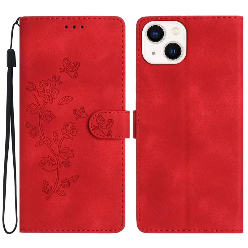 For iPhone 13 mini 5.4 inch Leather Wallet Phone Cover Flower Imprinted Stand Mobile Case - Red