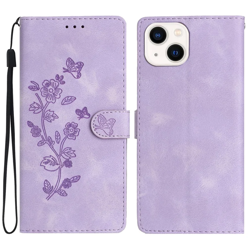 For iPhone 13 mini 5.4 inch Leather Wallet Phone Cover Flower Imprinted Stand Mobile Case - Purple