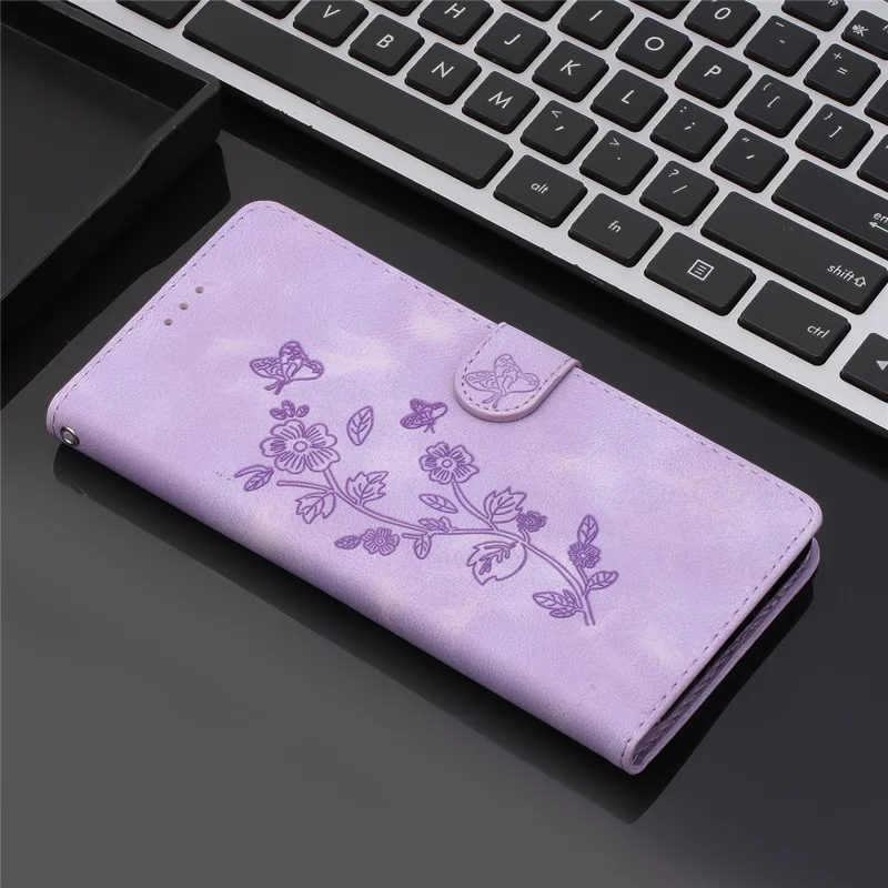 For iPhone 13 mini 5.4 inch Leather Wallet Phone Cover Flower Imprinted Stand Mobile Case - Purple