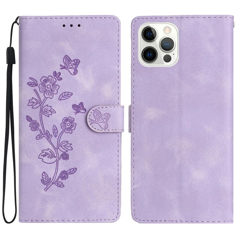 For iPhone 12 Pro Max 6.7 inch Leather Phone Case Flower Imprinted Cover with Wallet Stand - Purple