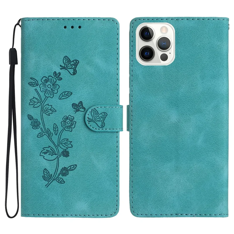 For iPhone 12 Pro Max 6.7 inch Leather Phone Case Flower Imprinted Cover with Wallet Stand - Sky Blue