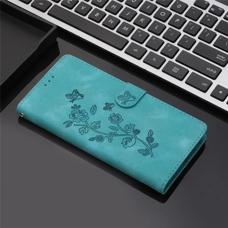 For iPhone 12 Pro Max 6.7 inch Leather Phone Case Flower Imprinted Cover with Wallet Stand - Sky Blue