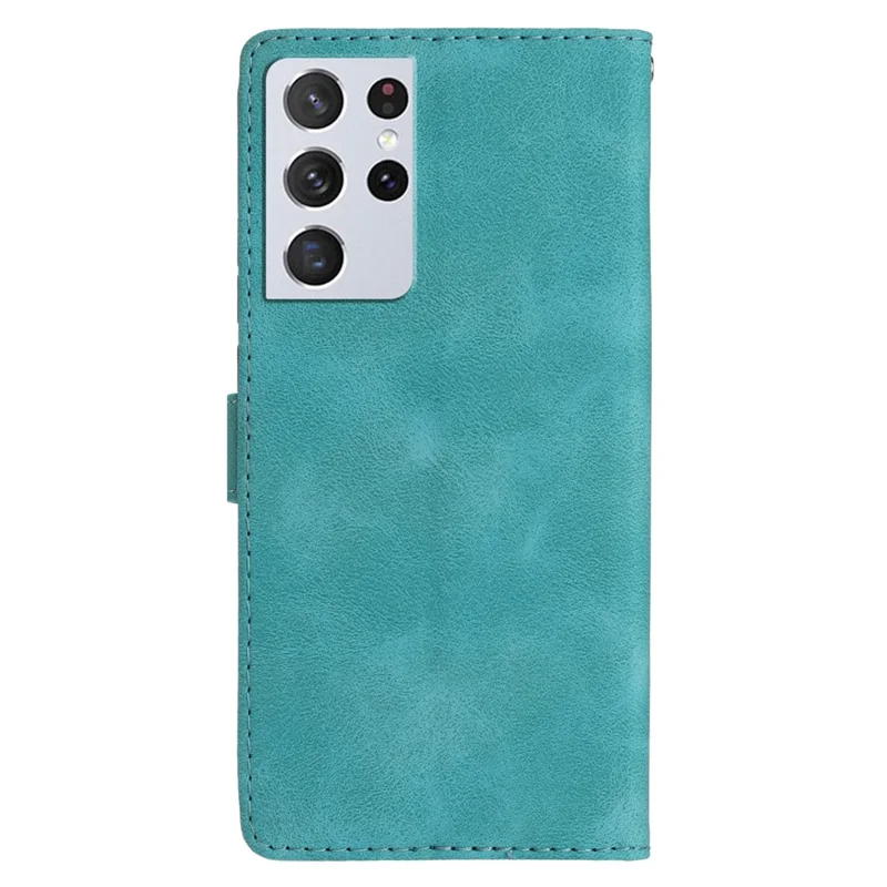 For Samsung Galaxy S21 Ultra 5G Wallet Stand Leather Phone Case Flower Imprint Phone Cover - Sky Blue