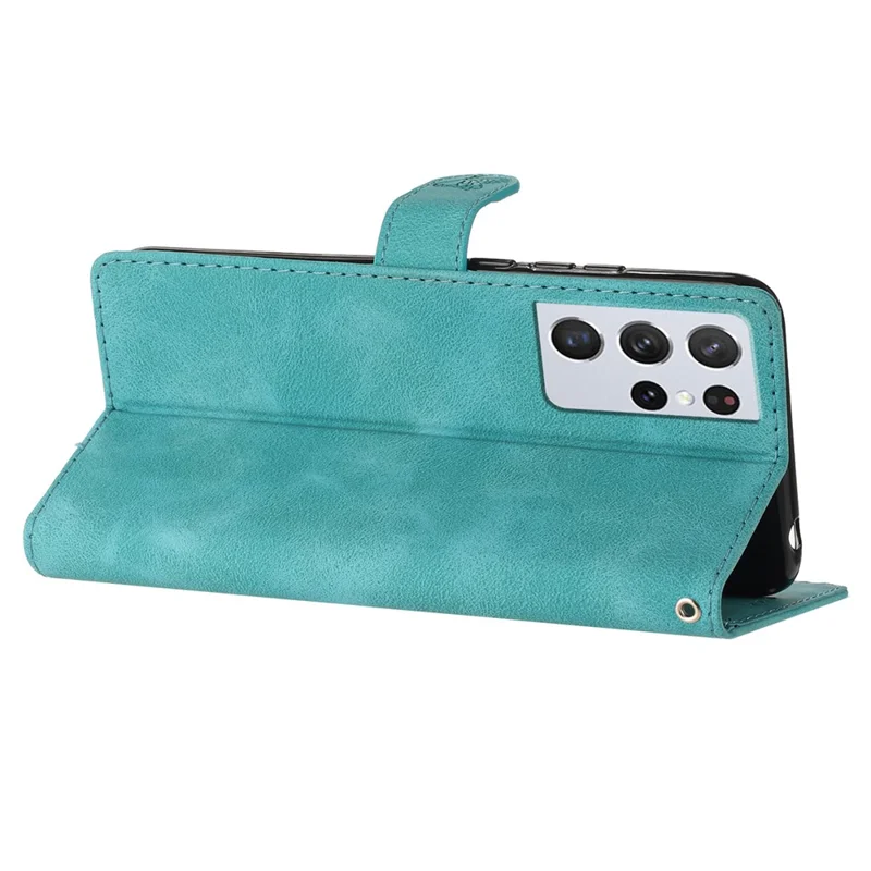 For Samsung Galaxy S21 Ultra 5G Wallet Stand Leather Phone Case Flower Imprint Phone Cover - Sky Blue