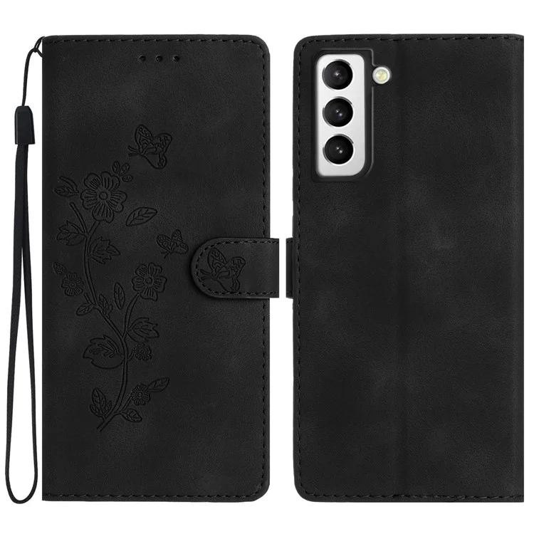 For Samsung Galaxy S21+ 5G PU Leather Wallet Case Stand Flower Imprint Smartphone Cover - Black