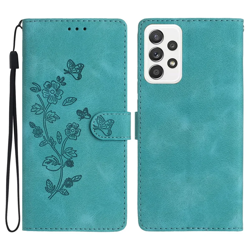 Para Samsung Galaxy A32 5G / M32 5G Capa de Telefone de Couro de Proteção Completa com Estampa Floral - Azul Céu