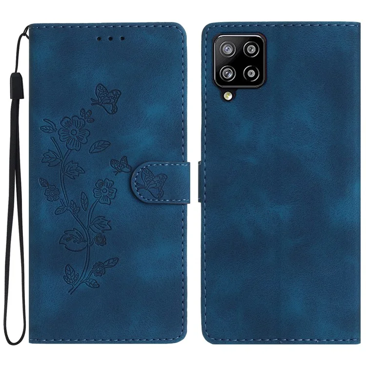 For Samsung Galaxy A42 5G Cartera Funda de Teléfono Estampado de Flores Soporte Anti-caída - Azul