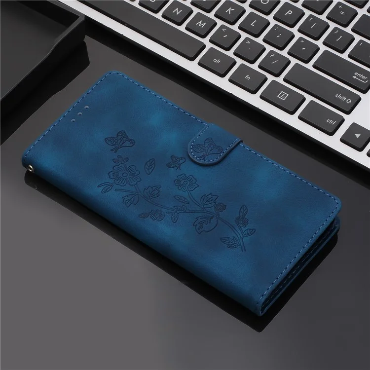 For Samsung Galaxy A42 5G Wallet Phone Case Flower Imprint Stand Anti-drop Cover - Blue