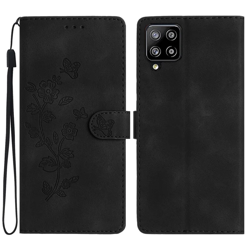 For Samsung Galaxy A22 4G (EU Version) Phone Leather Case Flower Imprint Cover with Wallet Stand - Black