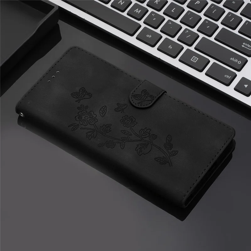 For Samsung Galaxy A22 4G (EU Version) Phone Leather Case Flower Imprint Cover with Wallet Stand - Black