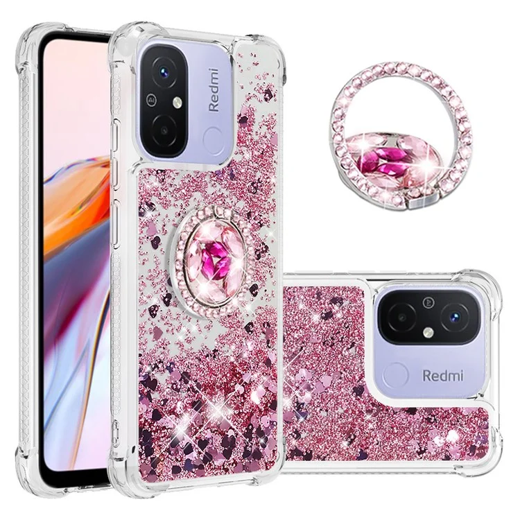 Série YB Quicksand-7 para Xiaomi Redmi 12C 4G / 11A 4G Glitter Case Ring Kickstand Liquid TPU Phone Cover - Rose Gold / Hearts