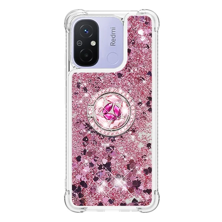 Série YB Quicksand-7 para Xiaomi Redmi 12C 4G / 11A 4G Glitter Case Ring Kickstand Liquid TPU Phone Cover - Rose Gold / Hearts
