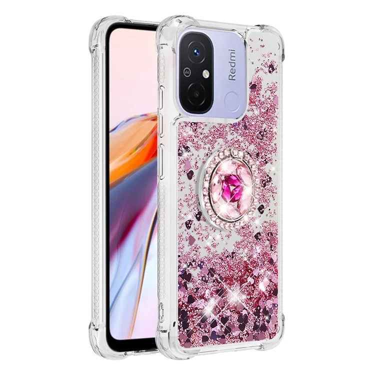 Série YB Quicksand-7 para Xiaomi Redmi 12C 4G / 11A 4G Glitter Case Ring Kickstand Liquid TPU Phone Cover - Rose Gold / Hearts