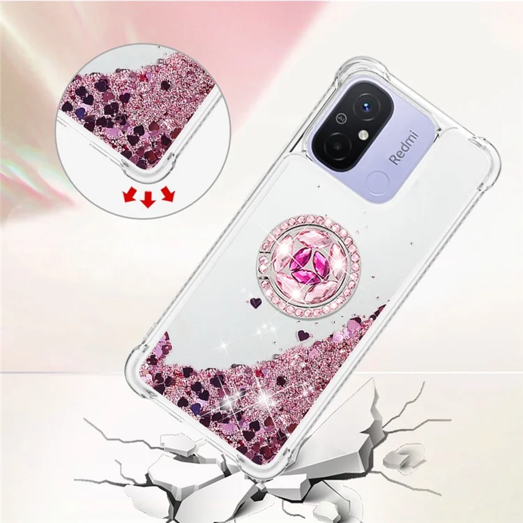 Série YB Quicksand-7 para Xiaomi Redmi 12C 4G / 11A 4G Glitter Case Ring Kickstand Liquid TPU Phone Cover - Rose Gold / Hearts