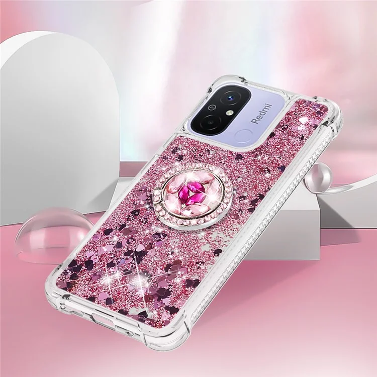 Série YB Quicksand-7 para Xiaomi Redmi 12C 4G / 11A 4G Glitter Case Ring Kickstand Liquid TPU Phone Cover - Rose Gold / Hearts