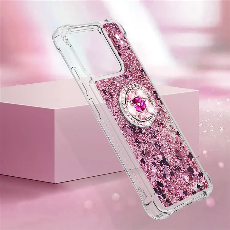 Série YB Quicksand-7 para Xiaomi Redmi 12C 4G / 11A 4G Glitter Case Ring Kickstand Liquid TPU Phone Cover - Rose Gold / Hearts