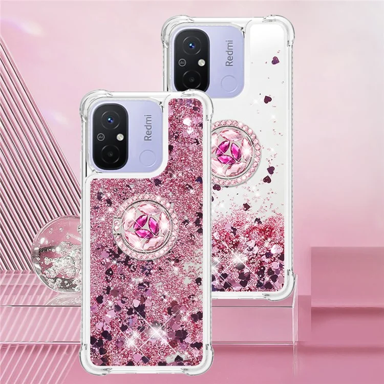 Série YB Quicksand-7 para Xiaomi Redmi 12C 4G / 11A 4G Glitter Case Ring Kickstand Liquid TPU Phone Cover - Rose Gold / Hearts