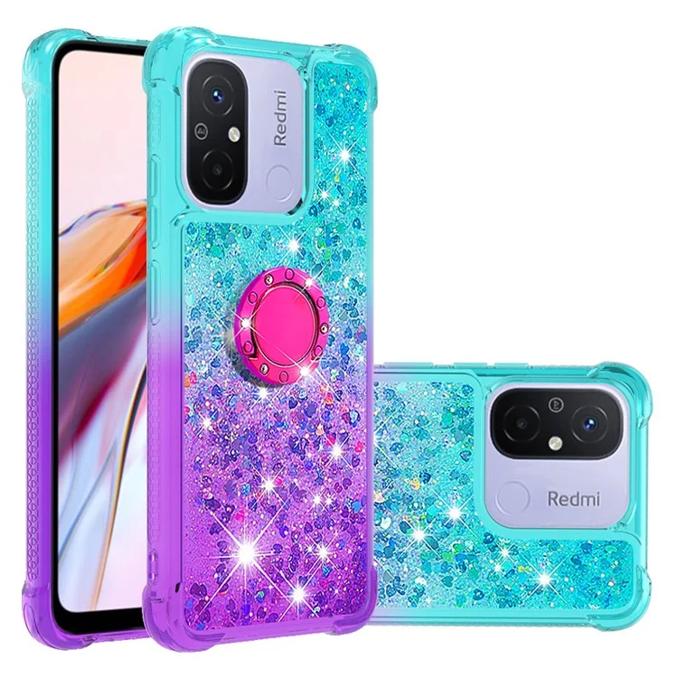 Для Xiaomi Redmi 12C 4G / 11A 4G YB Quicksand Series-8 Gradient Glitter Liquid Phone Case Ring Kickstand TPU Cover - Sky Blue+Purple