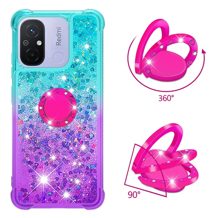 Для Xiaomi Redmi 12C 4G / 11A 4G YB Quicksand Series-8 Gradient Glitter Liquid Phone Case Ring Kickstand TPU Cover - Sky Blue+Purple