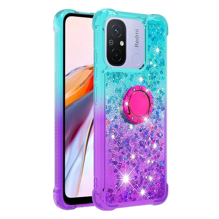Для Xiaomi Redmi 12C 4G / 11A 4G YB Quicksand Series-8 Gradient Glitter Liquid Phone Case Ring Kickstand TPU Cover - Sky Blue+Purple
