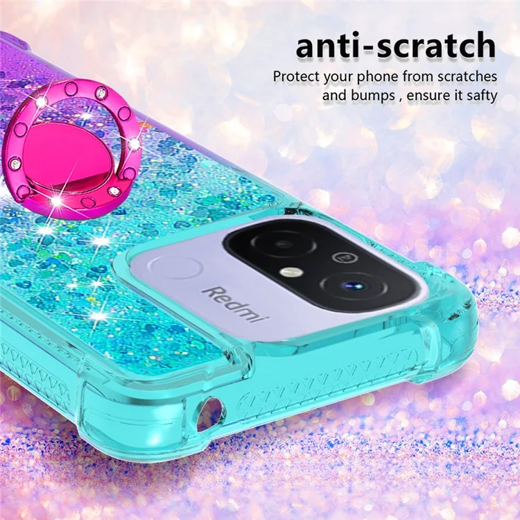 Для Xiaomi Redmi 12C 4G / 11A 4G YB Quicksand Series-8 Gradient Glitter Liquid Phone Case Ring Kickstand TPU Cover - Sky Blue+Purple