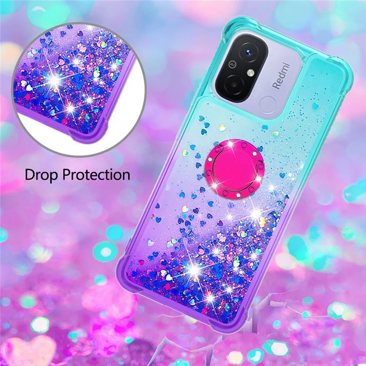 Для Xiaomi Redmi 12C 4G / 11A 4G YB Quicksand Series-8 Gradient Glitter Liquid Phone Case Ring Kickstand TPU Cover - Sky Blue+Purple