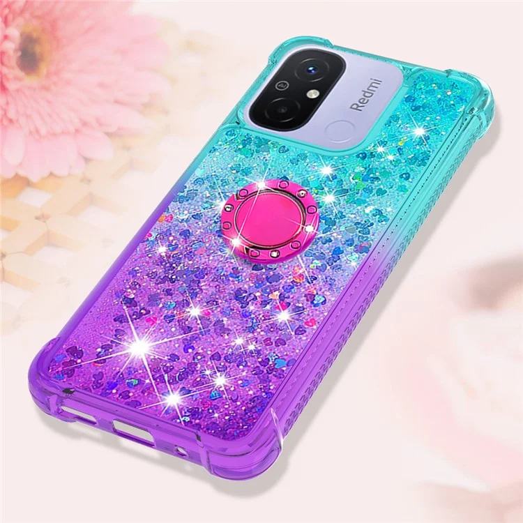 Для Xiaomi Redmi 12C 4G / 11A 4G YB Quicksand Series-8 Gradient Glitter Liquid Phone Case Ring Kickstand TPU Cover - Sky Blue+Purple