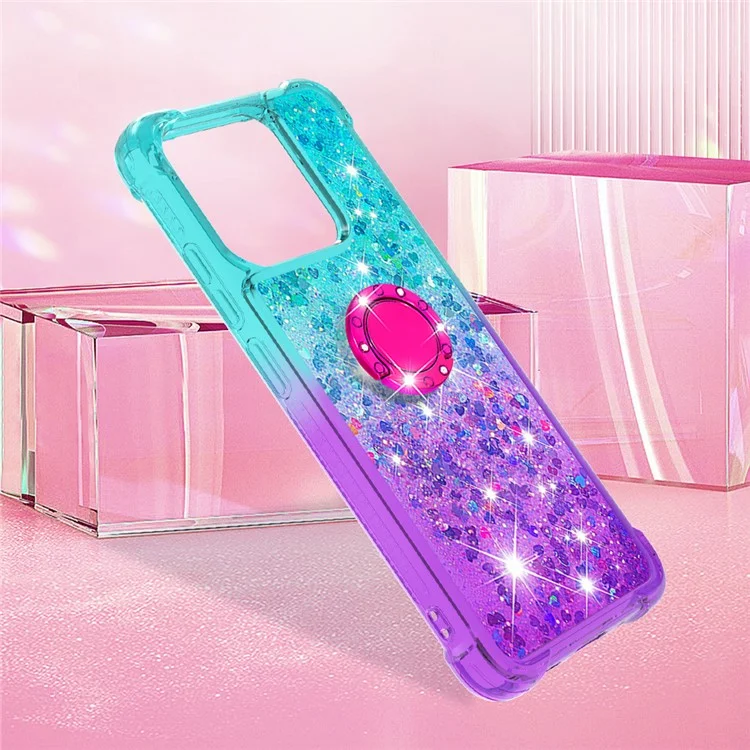 Для Xiaomi Redmi 12C 4G / 11A 4G YB Quicksand Series-8 Gradient Glitter Liquid Phone Case Ring Kickstand TPU Cover - Sky Blue+Purple