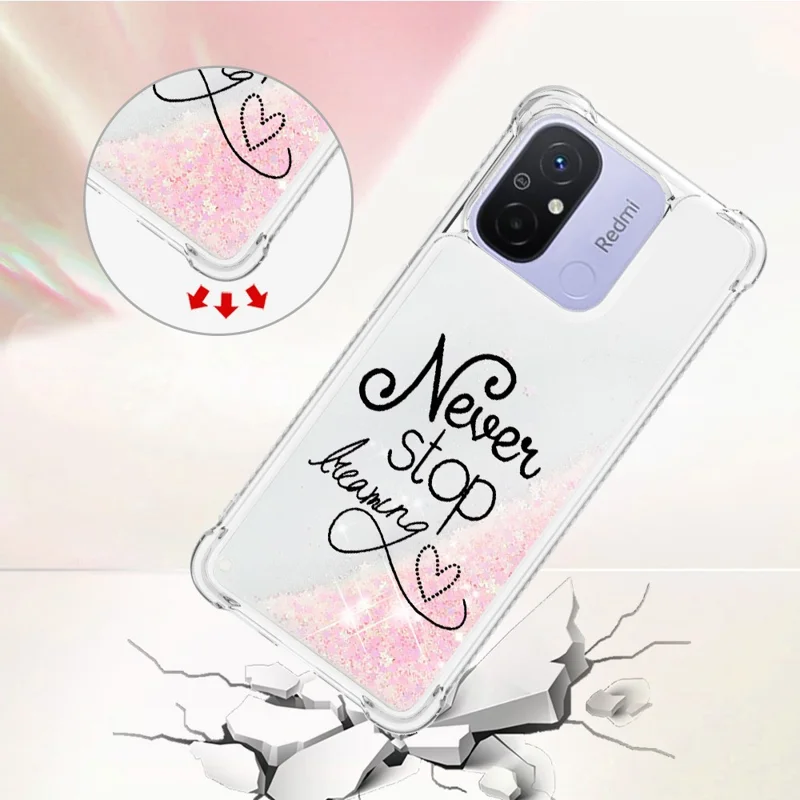 For Xiaomi Redmi 12C 4G / 11A 4G TPU Case with Quicksand and Pattern Printed - Never Stop Dreaming