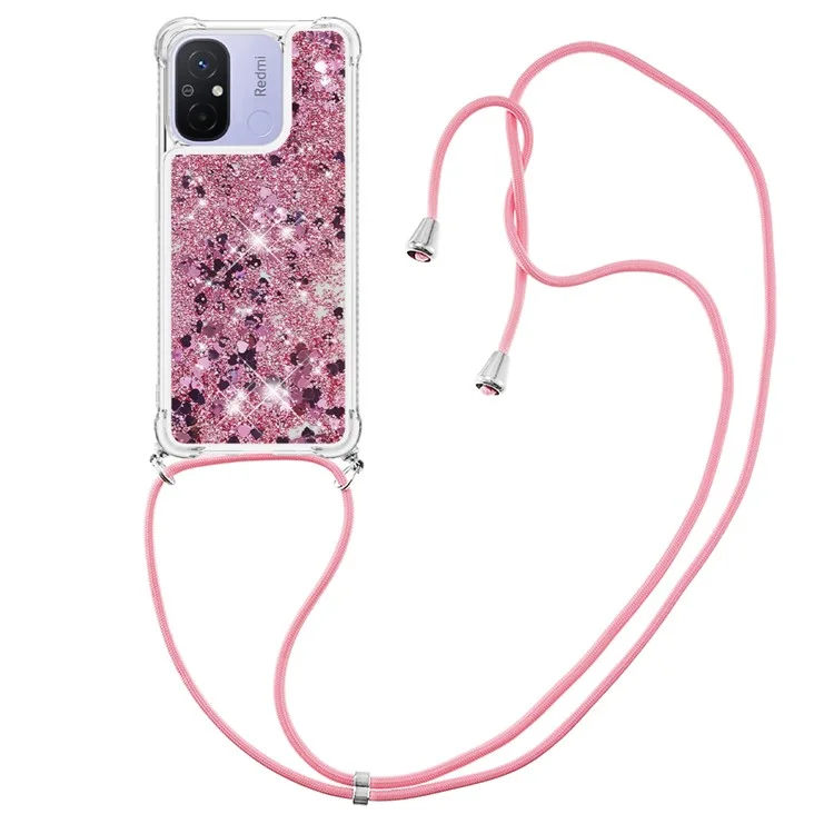 YB Quicksand Series-4 per Xiaomi Redmi 12C 4G / 11A 4G Custodia TPU Glitter Liquid Phone Cover con Cordino - Rose Gold / Hearts