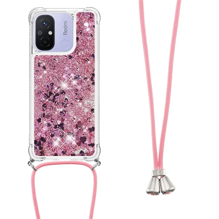 YB Quicksand Series-4 per Xiaomi Redmi 12C 4G / 11A 4G Custodia TPU Glitter Liquid Phone Cover con Cordino - Rose Gold / Hearts