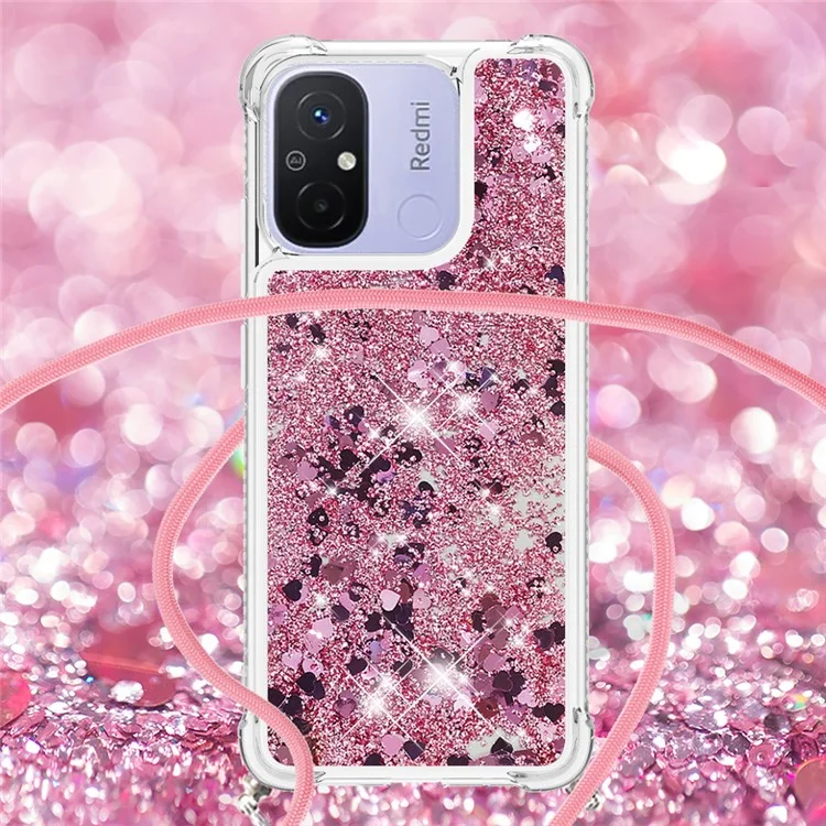 YB Quicksand Series-4 per Xiaomi Redmi 12C 4G / 11A 4G Custodia TPU Glitter Liquid Phone Cover con Cordino - Rose Gold / Hearts