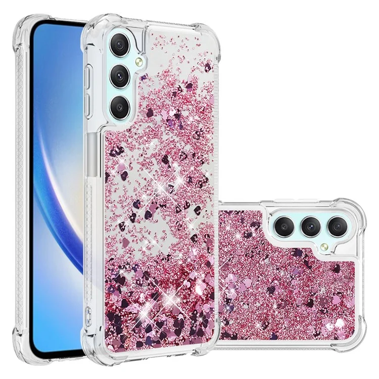Série YB Quicksand-1 pour Samsung Galaxy A24 4G (162,1 x 77,6 x 8,3 mm) Coque de téléphone à paillettes liquides en TPU souple - Rose Gold / Coeurs