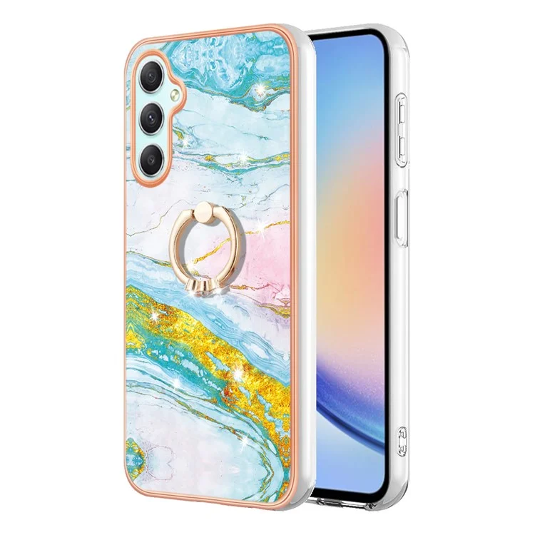 For Samsung Galaxy A24 4G (162.1 x 77.6 x 8.3mm) Case with Ring Kickstand Marble Pattern Electroplating TPU Back Cover - Green 004
