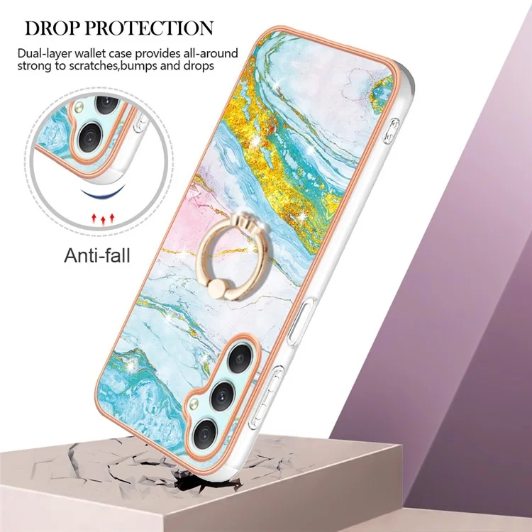 For Samsung Galaxy A24 4G (162.1 x 77.6 x 8.3mm) Case with Ring Kickstand Marble Pattern Electroplating TPU Back Cover - Green 004