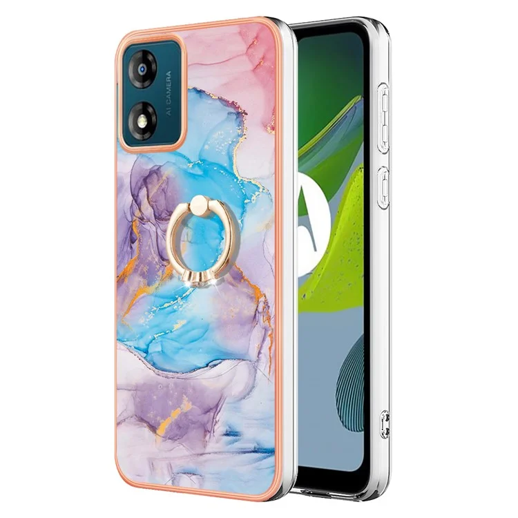 YB IMD Series-6 для Motorola Moto E13 4G Electroplated Frame TPU Case Marble Pattern Ring Kickstand Phone Cover - Milky Way Marble Blue