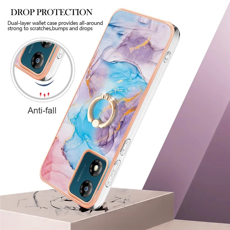 YB IMD Series-6 для Motorola Moto E13 4G Electroplated Frame TPU Case Marble Pattern Ring Kickstand Phone Cover - Milky Way Marble Blue