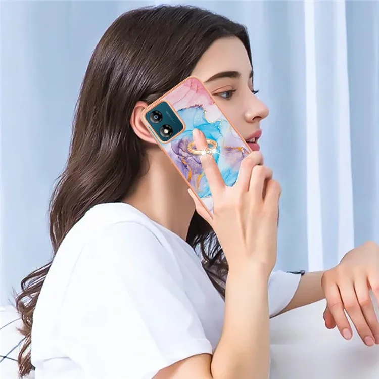 YB IMD Series-6 для Motorola Moto E13 4G Electroplated Frame TPU Case Marble Pattern Ring Kickstand Phone Cover - Milky Way Marble Blue