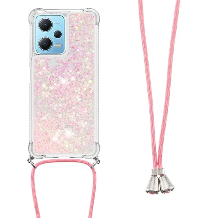 For Xiaomi Redmi Note 12 4G TPU Case Quicksand Design Phone Cover with Lanyard - Pink / Pentagrams