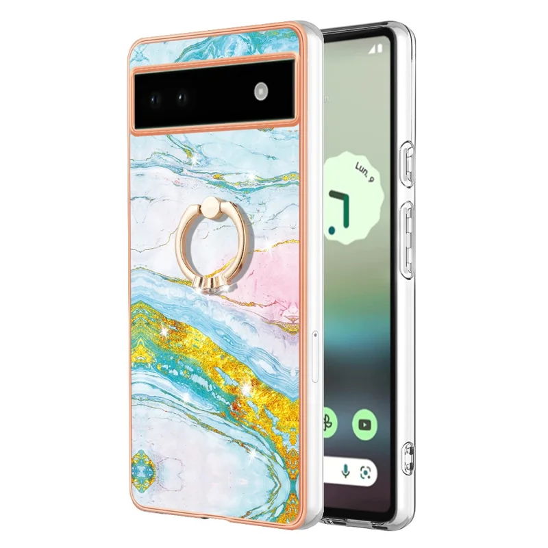 For Google Pixel 6a Case with Ring Kickstand Marble Pattern Electroplating TPU Back Cover - Green 004