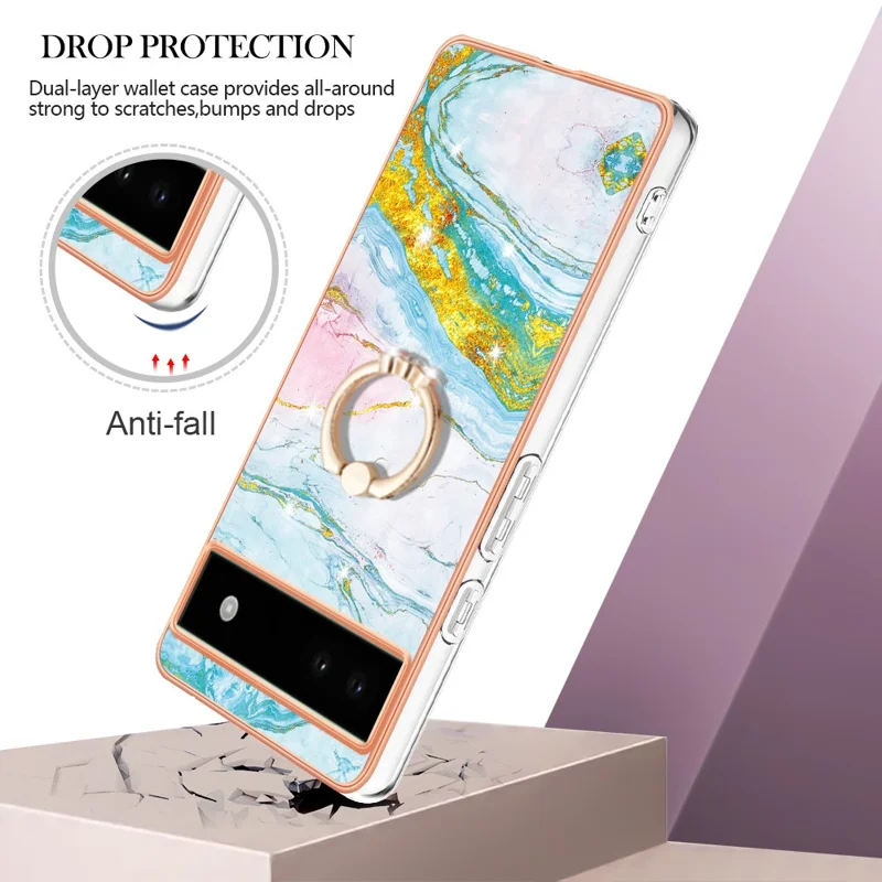 For Google Pixel 6a Case with Ring Kickstand Marble Pattern Electroplating TPU Back Cover - Green 004