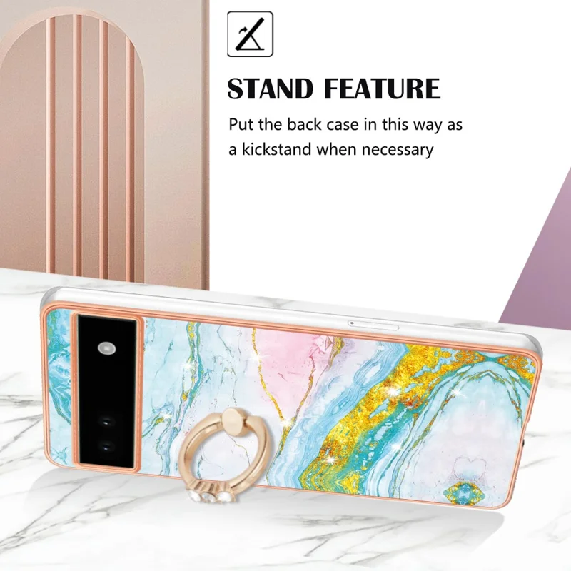 For Google Pixel 6a Case with Ring Kickstand Marble Pattern Electroplating TPU Back Cover - Green 004