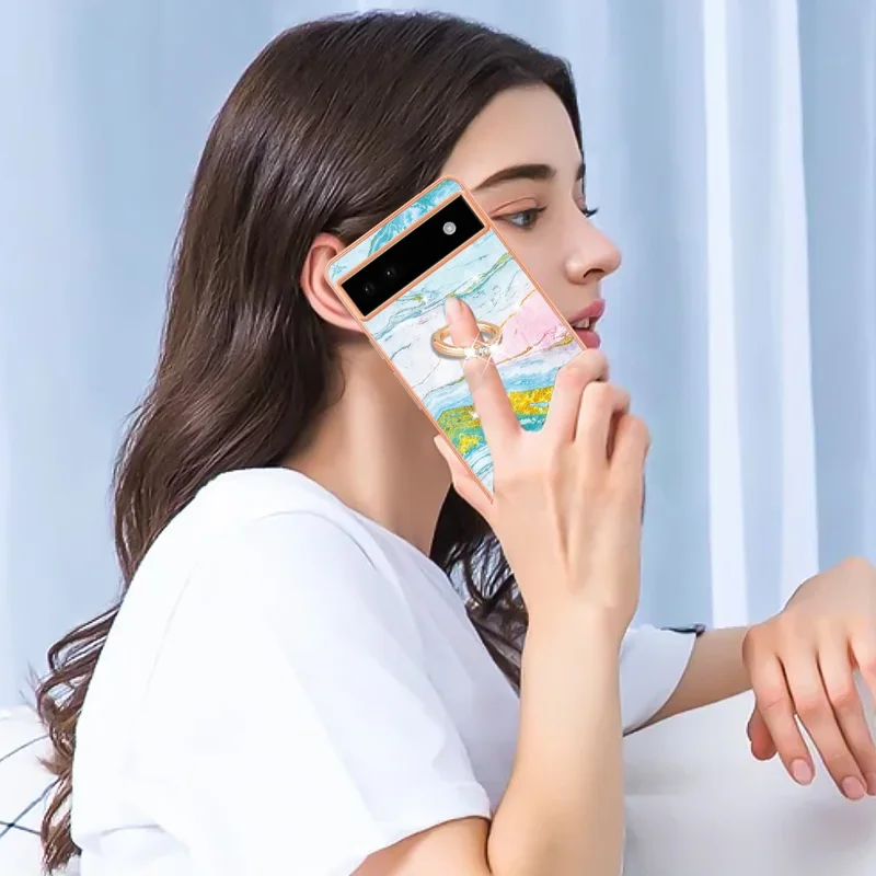 For Google Pixel 6a Case with Ring Kickstand Marble Pattern Electroplating TPU Back Cover - Green 004