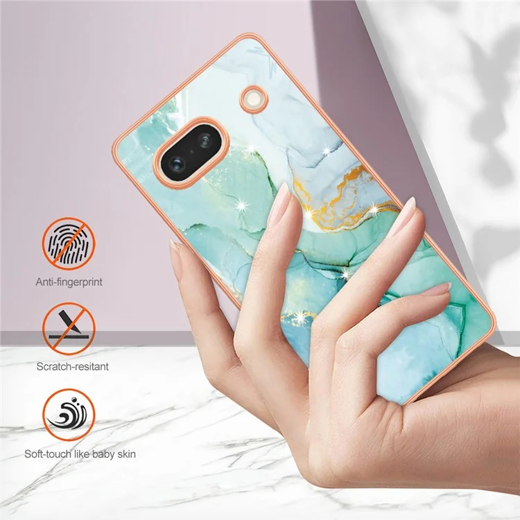 For Google Pixel 7a TPU Case with IMD Marble Pattern Electroplated Back Cover - Green 003