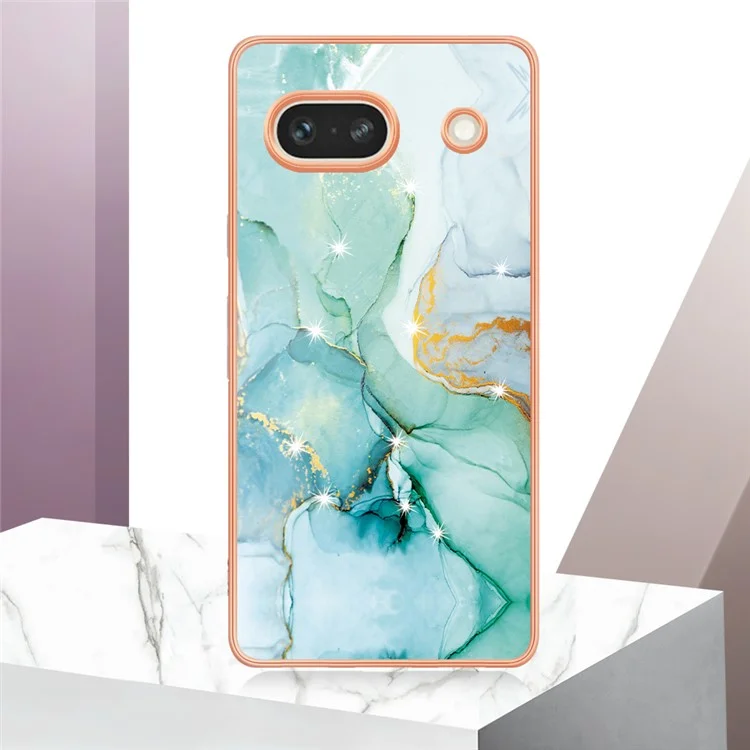 For Google Pixel 7a TPU Case with IMD Marble Pattern Electroplated Back Cover - Green 003