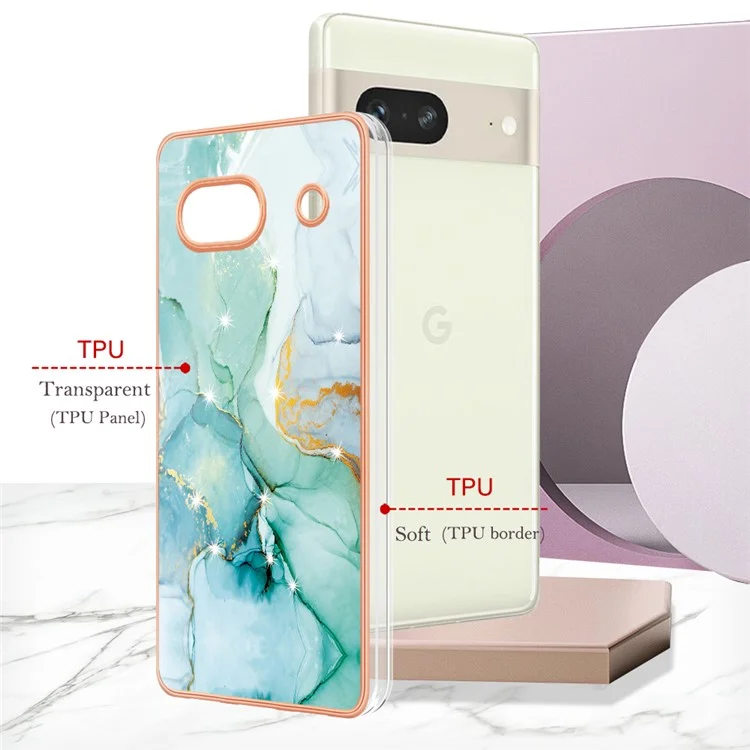 For Google Pixel 7a TPU Case with IMD Marble Pattern Electroplated Back Cover - Green 003