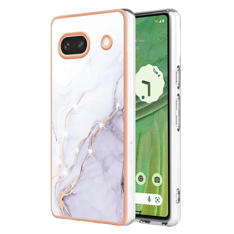 For Google Pixel 7a TPU Case with IMD Marble Pattern Electroplated Back Cover - White 006
