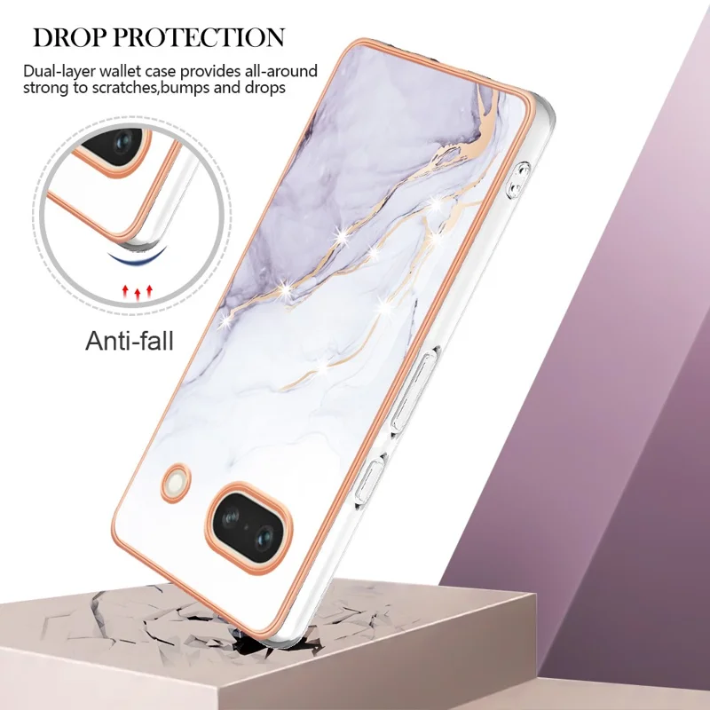 For Google Pixel 7a TPU Case with IMD Marble Pattern Electroplated Back Cover - White 006